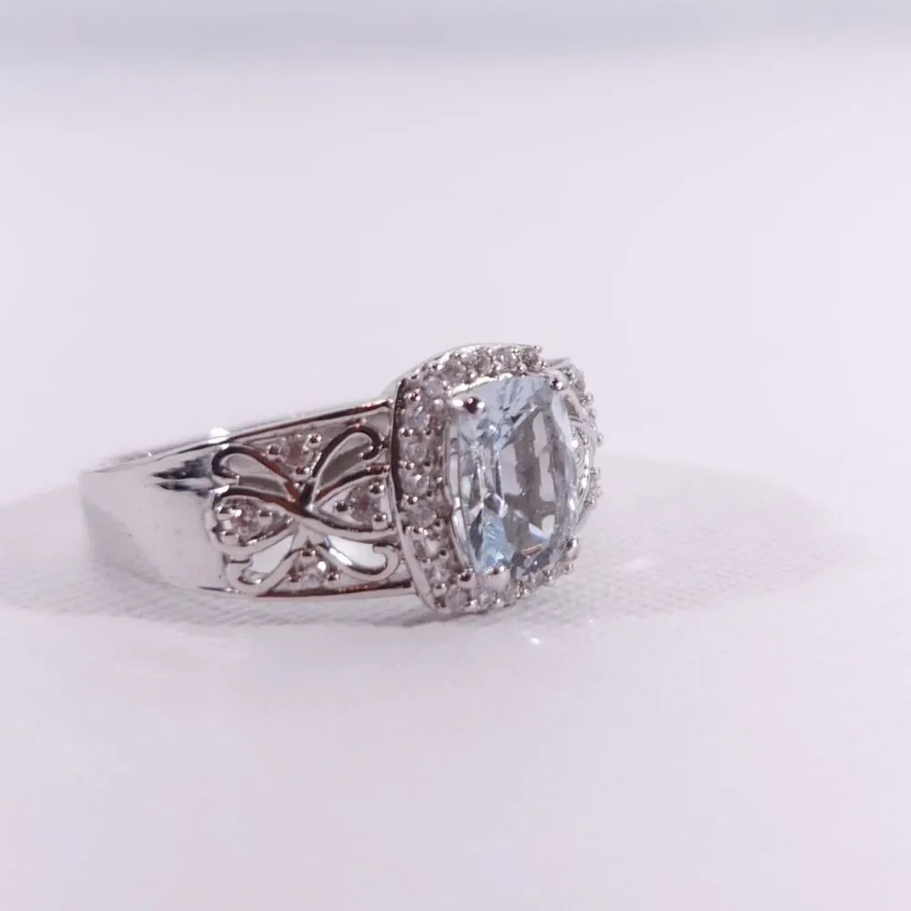 Aquamarine and Zircon Ring 1.1 Carats Size 8